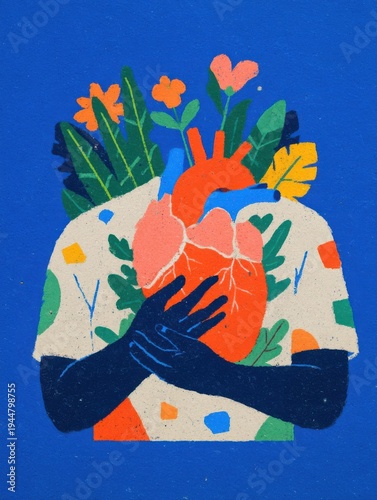 Mental health and emotional growth illustration of person holding anatomical heart with lush botanicals