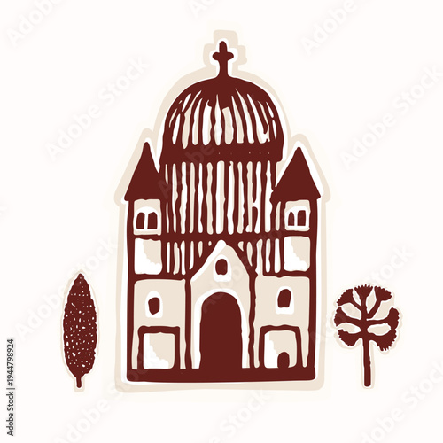 Hand drawn simple church silhouette illustration scene with tree. Isolated flat vector motiffor christian religious graphic design element clip art. Minimal modern worship retreat destination