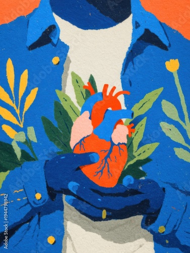 Emotional growth and healing conceptual illustration of person holding anatomical heart with blooming nature