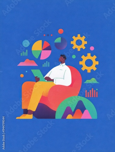 Remote data analyst working on tablet in comfortable setting. Modern professional managing business statistics and financial charts from home office environment.