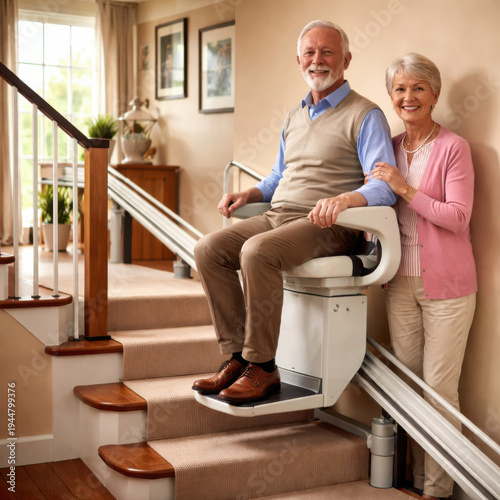 Senior couple using a stairlift at home with smiling elderly man seated and woman standing beside the staircase showing mobility assistance independent living and accessible home care support