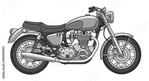 Vintage Classic Motorcycle Illustration Side View Retro Cafe Racer Drawing in Grayscale