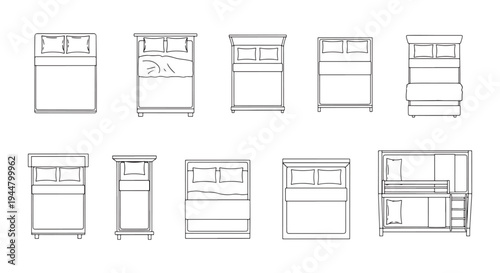 Set of Bed Icons and Floor Plan Symbols — Bunk, Double, Single and Mattress Line Art