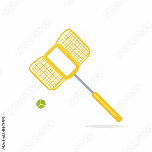 Yellow badminton racket and green ball, equipment for recreational sports, vector graphic.