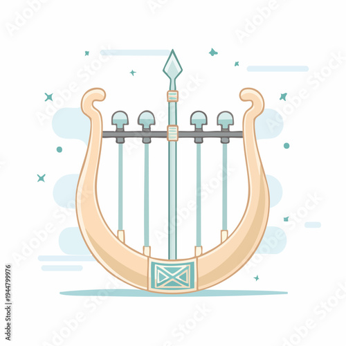 Illustration of a mythological lyre and spear with minimalist design