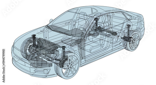 Transparent Car X-Ray Illustration Showing Engine, Chassis, Suspension and Interior Automotive Components