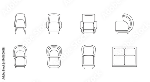 Set of Minimal Line Art Chair and Armchair Icons Front View for Interior Design