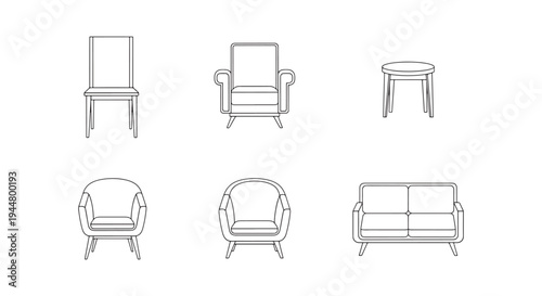 Set of Minimalist Line Art Furniture Icons Featuring Chairs, Armchairs, Sofa and Stool for Interior Design