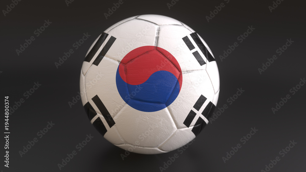 Obraz premium Soccer ball with South Korea flag design on dark background, 3D render sports concept