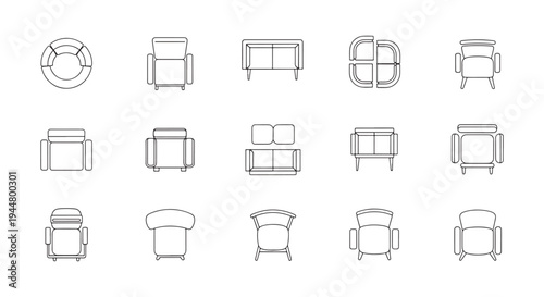 Top-View Furniture Icons Set Featuring Chairs, Sofas and Seating Symbols for Floor Plans and Interior Design