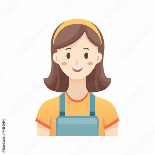Smiling young woman in overalls and headband, cartoon illustration