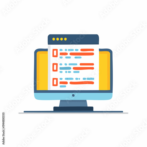 Computer monitor screen displaying a document or code in a flat, illustrative style.