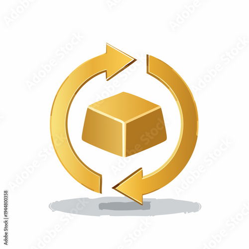 Gold Cube Circled by Arrows: Recycling, Process, Cycle, and Financial Concept