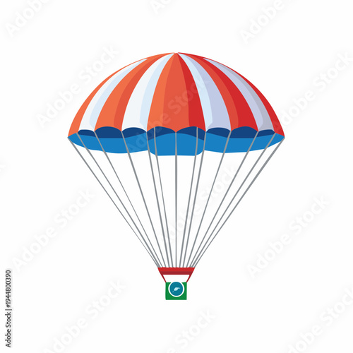 Cartoon parachute with orange and white canopy and a green and white object below, isolated