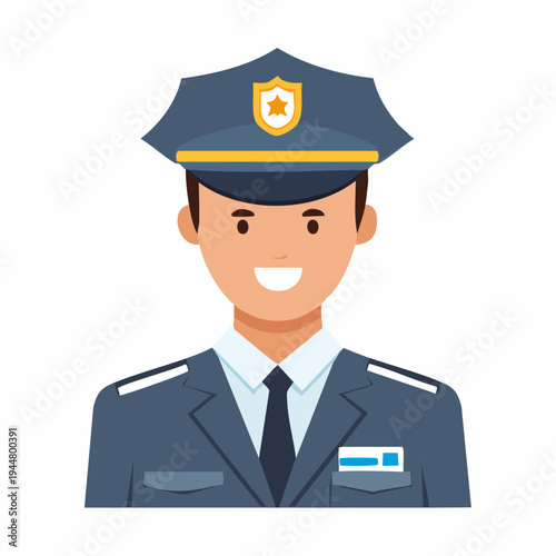 Smiling police officer in uniform illustration, flat cartoon style, isolated
