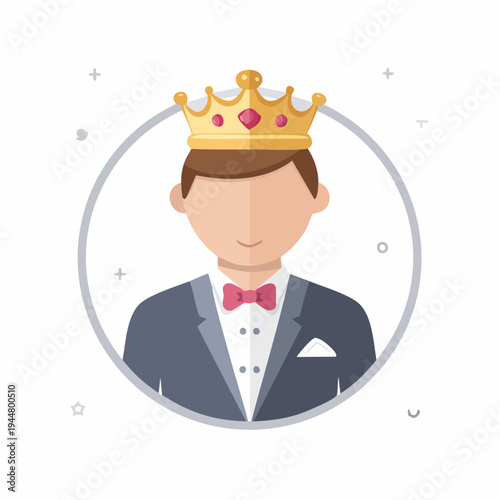 Male character wearing a crown in a formal suit, vector illustration.