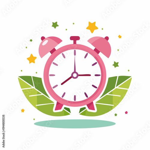 Pink vintage alarm clock with green leaves and stars, retro morning wake up time