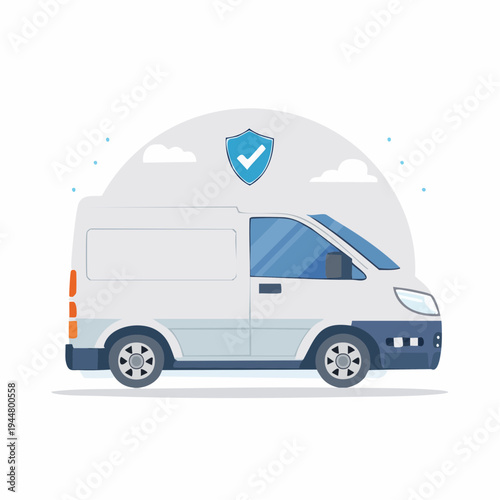 Delivery van icon with protection shield and clouds transportation concept.