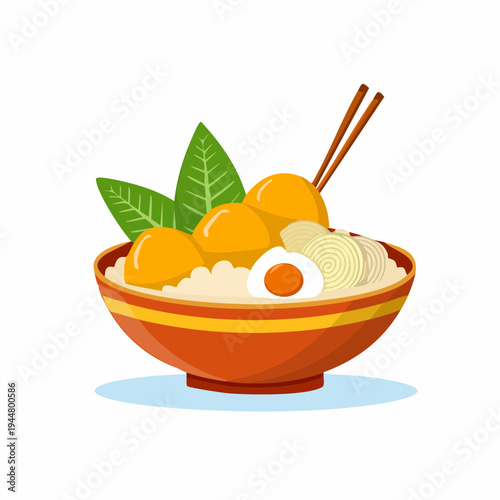 Delicious bowl of Asian food with meatballs and eggs, top view illustration