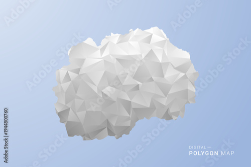 Macedonia Map - polygon style vector illustration in gray, white and blue tone, low-poly geometric design, minimal silhouette, suitable for infographic and modern design.