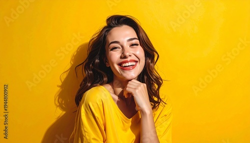 A young woman with brown wavy hair, smiling broadly with her eyes closed and head tilted slightly, against a vibrant yellow background