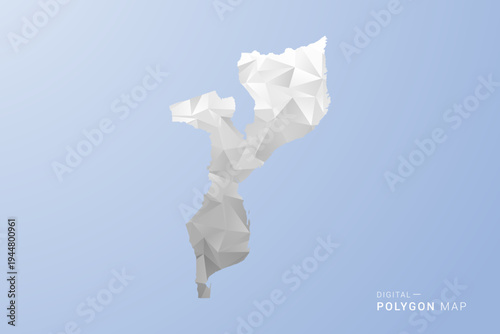 Mozambique Map - polygon style vector illustration in gray, white and blue tone, low-poly geometric design, minimal silhouette, suitable for infographic and modern design.