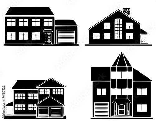 Minimalist dark gray house silhouette icon, suburban home with garage on the left, arched front door in the center, two arched windows on upper floor, window with shutters on right side, flat vector d