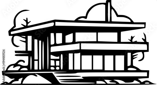 Minimalist dark gray house silhouette icon, suburban home with garage on the left, arched front door in the center, two arched windows on upper floor, window with shutters on right side, flat vector d