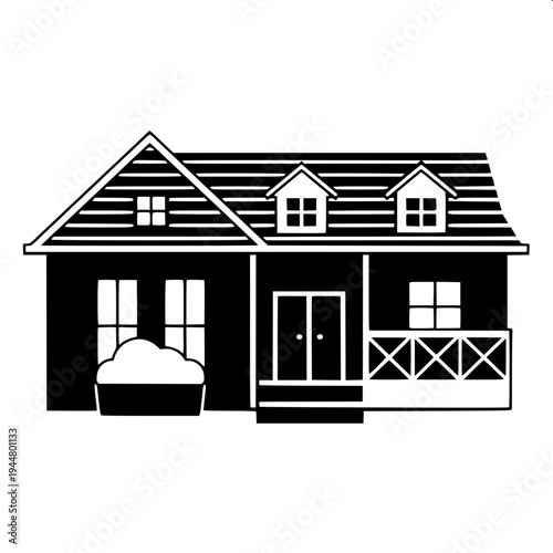 Minimalist dark gray house silhouette icon, suburban home with garage on the left, arched front door in the center, two arched windows on upper floor, window with shutters on right side, flat vector d