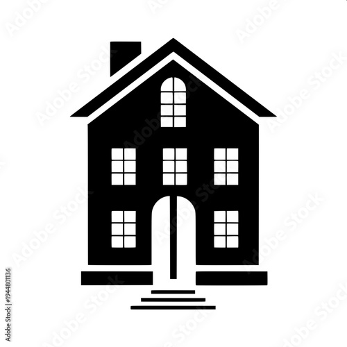 Minimalist dark gray house silhouette icon, suburban home with garage on the left, arched front door in the center, two arched windows on upper floor, window with shutters on right side, flat vector d