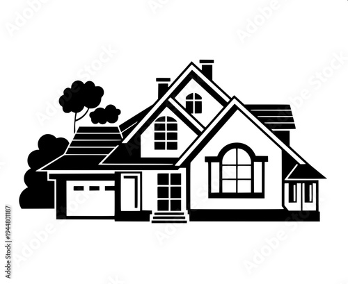 Minimalist dark gray house silhouette icon, suburban home with garage on the left, arched front door in the center, two arched windows on upper floor, window with shutters on right side, flat vector d