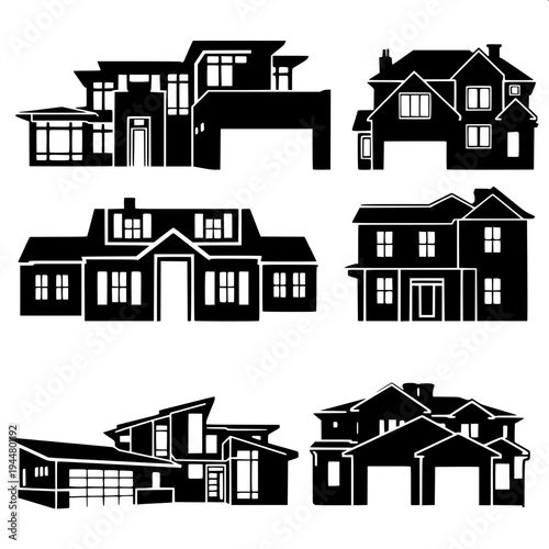 Minimalist dark gray house silhouette icon, suburban home with garage on the left, arched front door in the center, two arched windows on upper floor, window with shutters on right side, flat vector d
