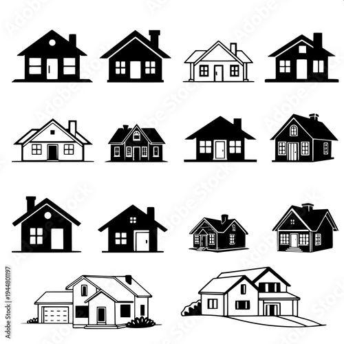Minimalist dark gray house silhouette icon, suburban home with garage on the left, arched front door in the center, two arched windows on upper floor, window with shutters on right side, flat vector d
