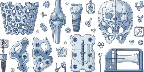 A collection of orthopedic implants and surgical instruments, including bone replacements and a detailed human skull and pelvis section, are illustrated in blue tones.