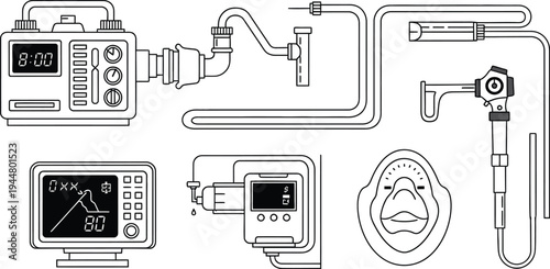 Medical monitoring devices and visualization components are depicted as black and white line art outlines for technical documentation.