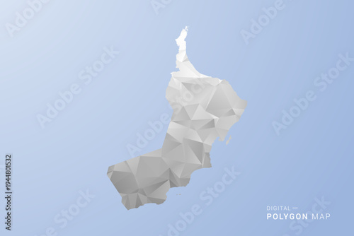 Oman Map - polygon style vector illustration in gray, white and blue tone, low-poly geometric design, minimal silhouette, suitable for infographic and modern design.
