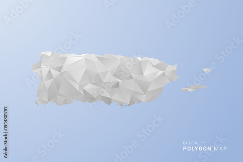 Puerto Rico Map - polygon style vector illustration in gray, white and blue tone, low-poly geometric design, minimal silhouette, suitable for infographic and modern design.
