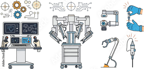 A sophisticated robotic surgery system features dual control monitors, operator joysticks, and multiple articulated arms ready for minimally invasive procedures.