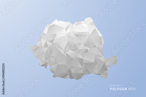 Romania Map - polygon style vector illustration in gray, white and blue tone, low-poly geometric design, minimal silhouette, suitable for infographic and modern design.