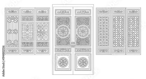 Collection of Traditional Asian Window and Door Panels with Intricate Geometric and Decorative Patterns, Isolated White Background