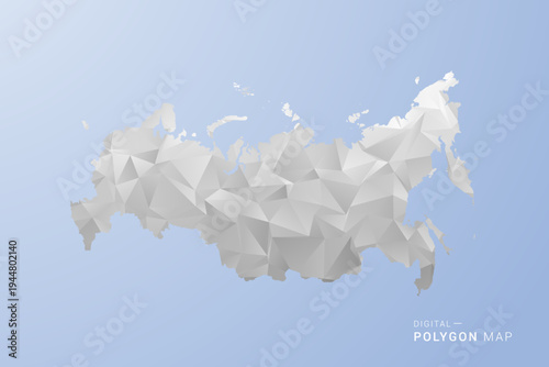 Russia Map - polygon style vector illustration in gray, white and blue tone, low-poly geometric design, minimal silhouette, suitable for infographic and modern design.