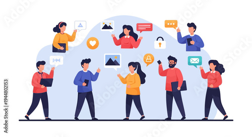 Flat vibrant illustration of diverse Gen Z people collaborating and communicating digitally with social media and technology icons surrounding them