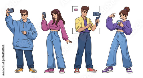 Flat vibrant illustration of Gen Z people using mobile devices and collaborating in a trendy digital workspace with a modern and youthful mood