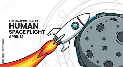 Cartoon rocket ship approaching space station with flames and human space flight text