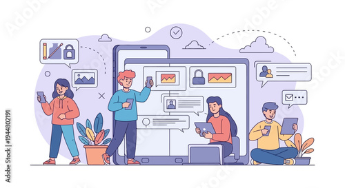 Flat vibrant illustration of a diverse team collaborating on a large tablet with social media and communication icons around them, conveying a modern digital lifestyle