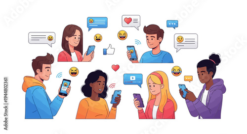 Flat vibrant illustration of diverse Gen Z people interacting on social media with mobile devices and emoticons in a digital communication concept
