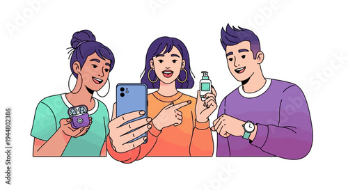 Flat illustration of a diverse group of young adults using digital devices and enjoying snacks in a vibrant, social media-inspired setting