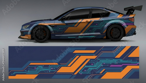 Blue sports car with futuristic orange and teal circuit board graphic wrap design.