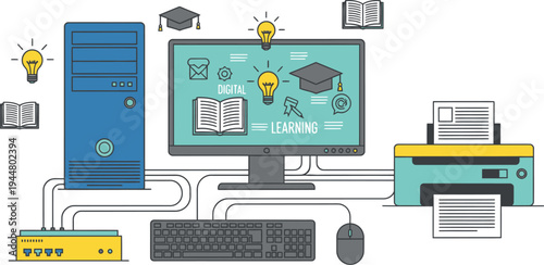 Desktop computer setup illustrates digital learning concepts including a monitor, tower, keyboard, mouse, and connected printer.