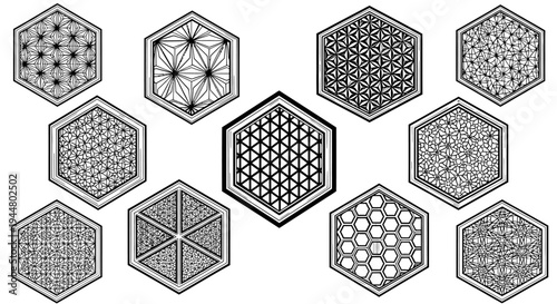 Collection of Traditional Asian Hexagonal Tile Patterns Vector Set with Diverse Geometric Designs, Isolated White Background